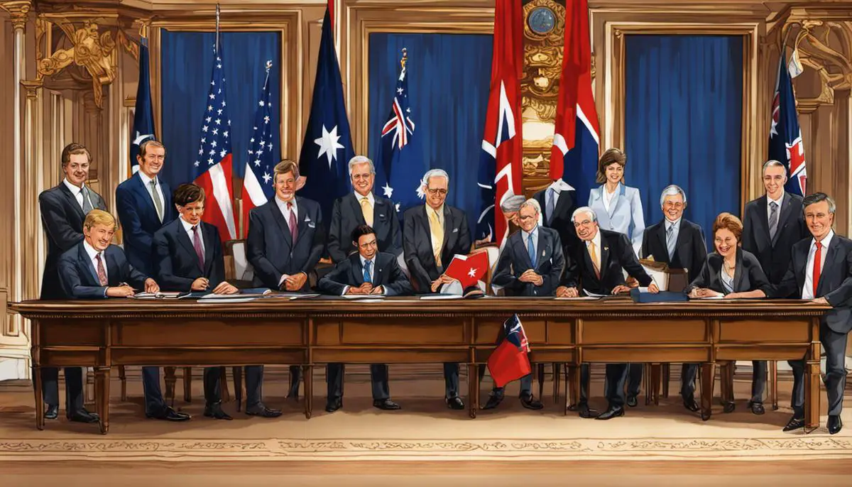 Illustration of the Australia Act's signing ceremony, symbolizing Australia's journey to independence.