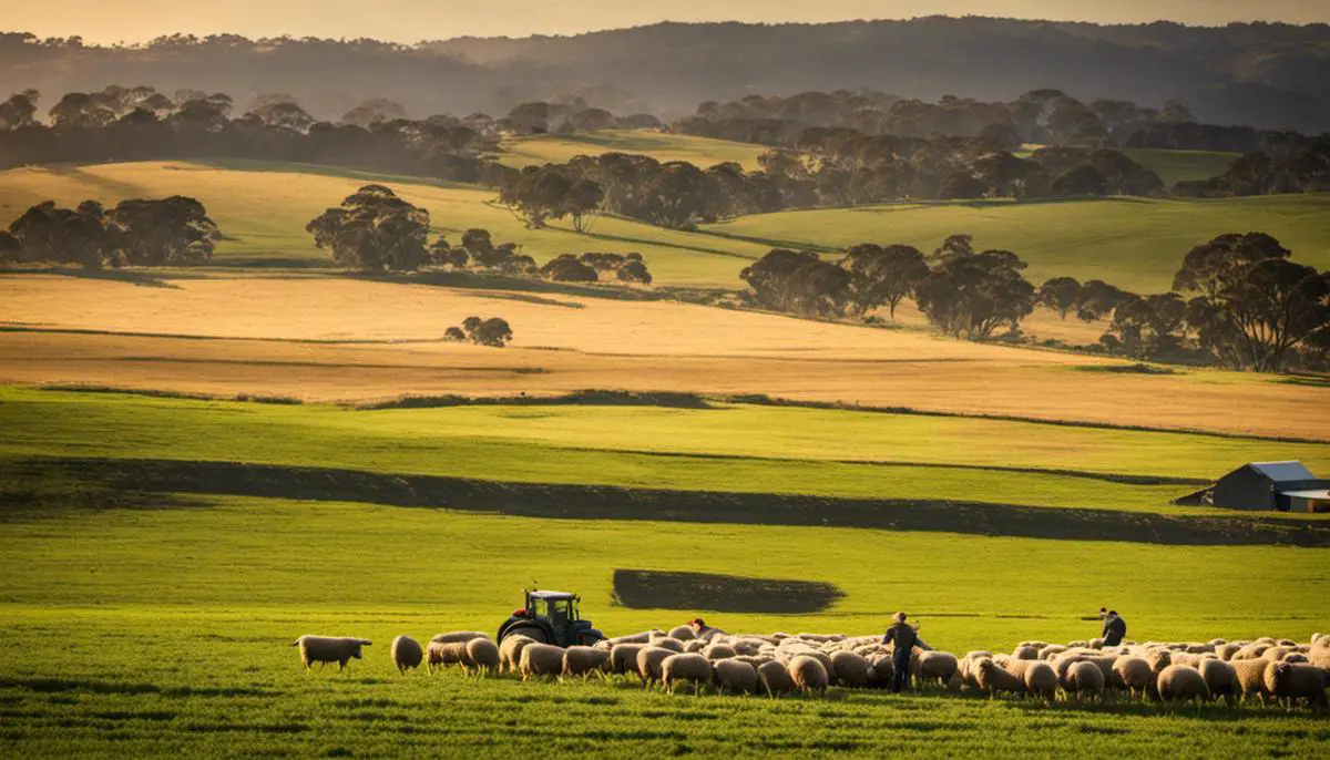 A photo showing Australian farmers working on a field with sheep grazing in the background.