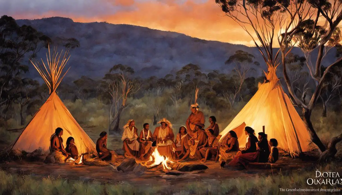 Image depicting the unique anthropological aspects of Australian Aboriginals, such as genealogical distinctness, Dreamtime, oral storytelling, totemic system, and fire management practices.