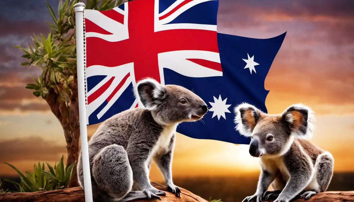 Image of an Australian flag with a kangaroo and a koala
