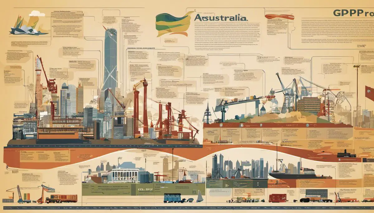 Illustration depicting the structure of the Australian economy, showing various sectors contributing to the overall GDP.