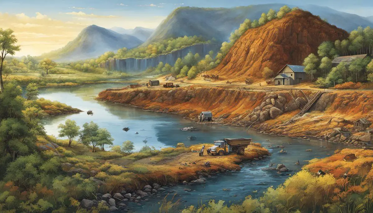 Illustration of the environmental repercussions of mining, such as landscape degradation, acid mine drainage, carbon emissions, and loss of biodiversity.