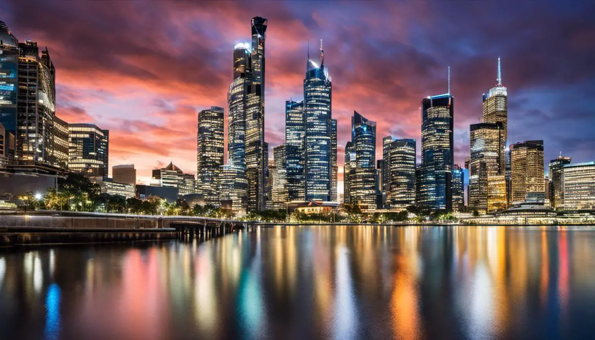 A photo of a modern city skyline representing the impact of Australia's largest companies on the economy.