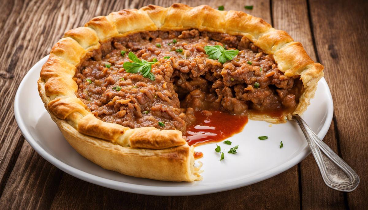 An image showing a delicious meat pie with a flaky pastry shell, filled with minced meat and gravy, served with tomato sauce on top.